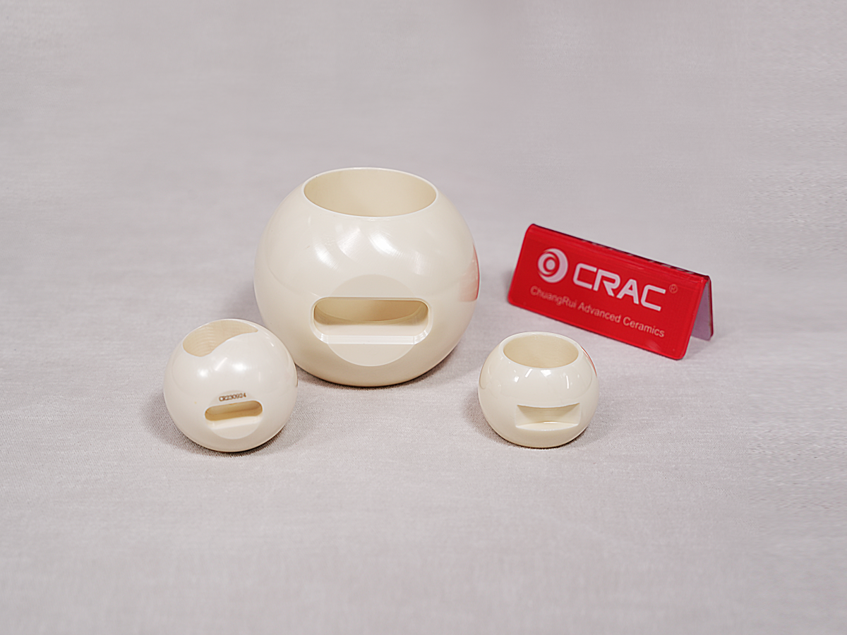 CRAC ceramic V-notch ball valve core with precision-ground sealing surface manufactured from yttria-stabilized zirconia for corrosive chemical flow control applications